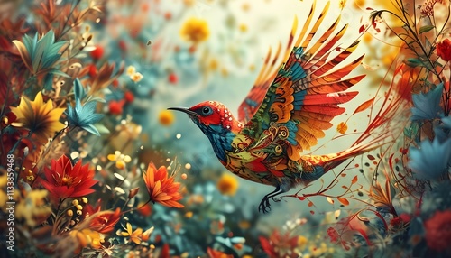 This vibrant digital artwork depicts a colorful hummingbird in flight, surrounded by a stunning array of flowers. The bird's intricate details and the lush floral background create a sense of wonder  photo