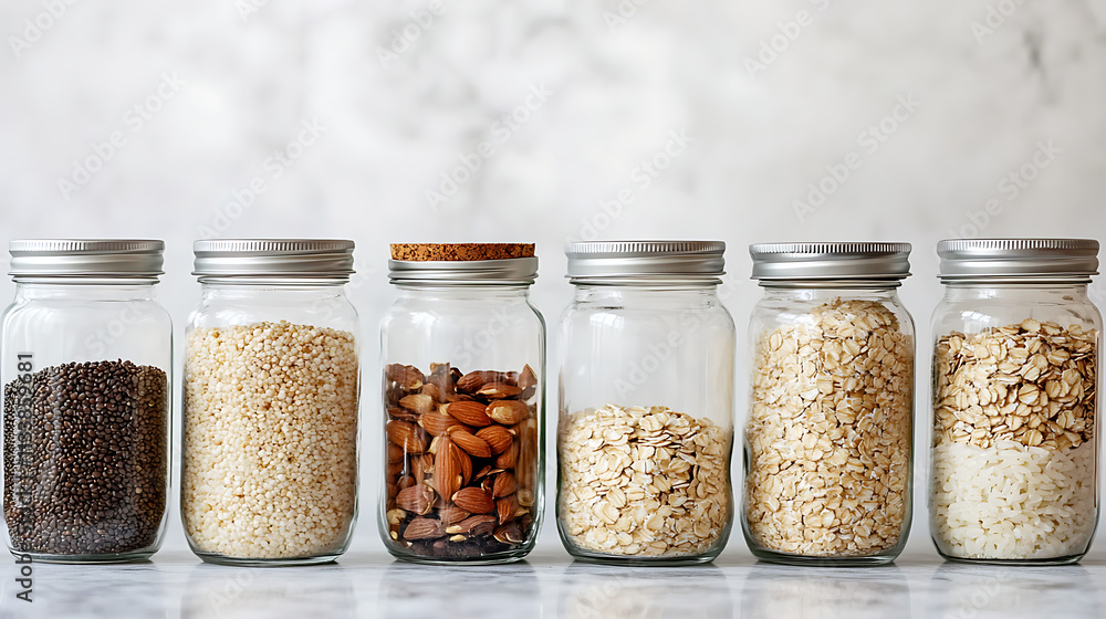 Organized Pantry: A minimalist and tidy pantry with a row of six glass jars filled with various dry goods. The jars are neatly arranged on a white countertop. Organized Pantry: A minimalist and tidy pantry with a row of six glass jars filled with various dry goods. The jars are neatly arranged on a white countertop.