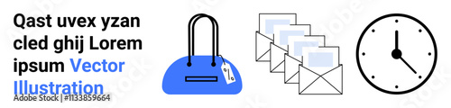 Blue handbag, stacked envelopes, and clock with text. Ideal for fashion, shopping, communication, email marketing, time management scheduling and business themes. Landing page