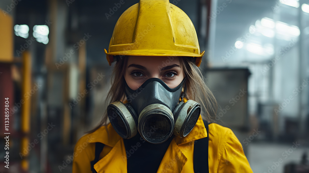 A woman adorned in a vibrant yellow helmet and protective gas mask stands confidently in a hazardous work environment. Her sturdy attire hints at the dangerous nature of her surroundings. A woman adorned in a vibrant yellow helmet and protective gas mask stands confidently in a hazardous work environment. Her sturdy attire hints at the dangerous nature of her surroundings.