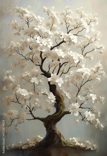 This digital artwork showcases a stunning bonsai tree adorned with delicate white blossoms. The intricate details of the branches and the soft hues create a sense of peace and tranquility.  
