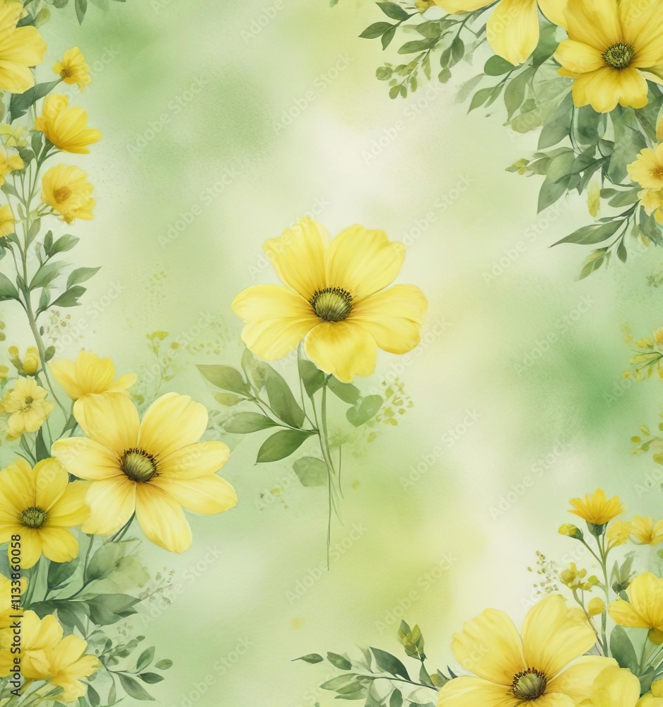 Soft yellow and green watercolor background with a subtle texture effect and a few scattered flowers, soft focus, gentle hues, floral Soft yellow and green watercolor background with a subtle texture effect and a few scattered flowers, soft focus, gentle hues, floral