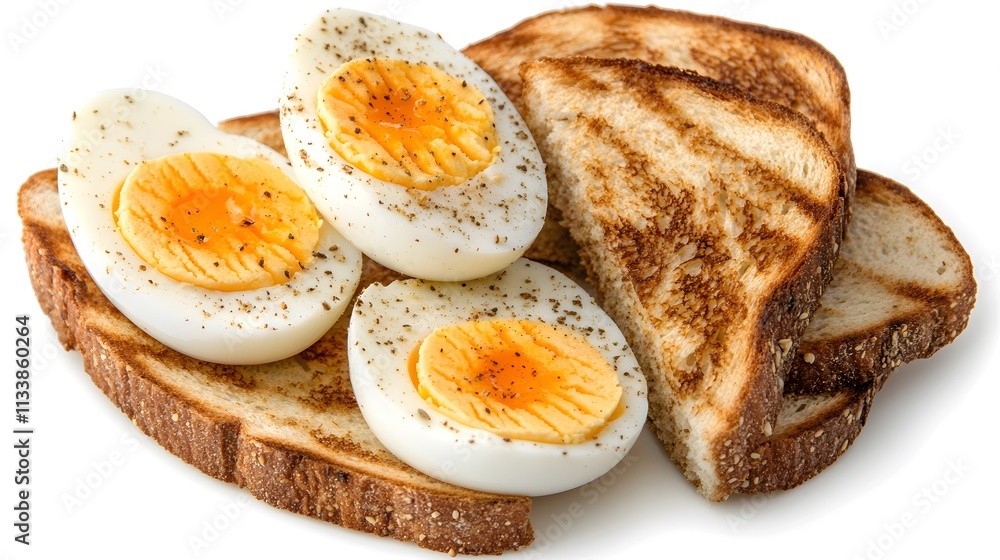 Sliced hard-boiled eggs on toasted bread with pepper. Sliced hard-boiled eggs on toasted bread with pepper.