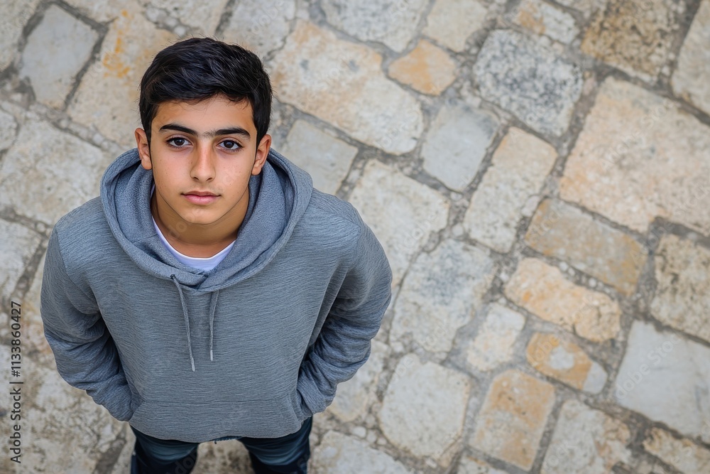 Teenage Boy in Grey Hoodie Looking Upwards Stone Pavement Background Youth Portrait