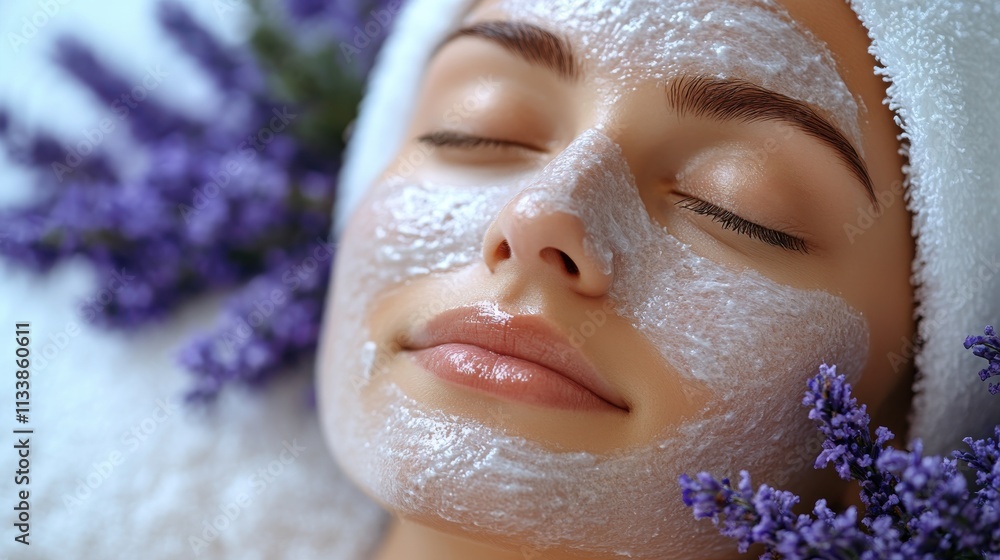 A woman enjoying a facial treatment with lavender, promoting relaxation and skincare. A woman enjoying a facial treatment with lavender, promoting relaxation and skincare.