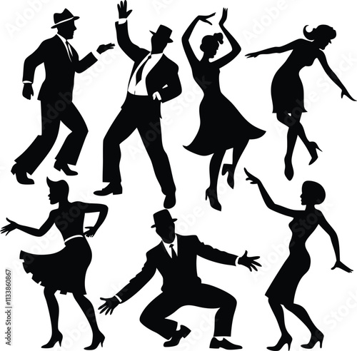 Vintage Swing Dance Silhouettes: Retro Jazz Era Dancers Illustration, Black & White Clip Art, 1940s Style Dancing Figures, Party Theme Design
