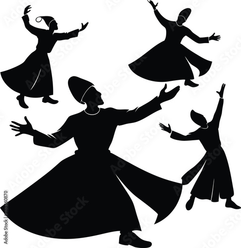 Whirling Dervishes Silhouette Vector: Sufi Dance, Spiritual Trance, Islamic Mysticism Art, Black & White Illustration, Religious Tradition