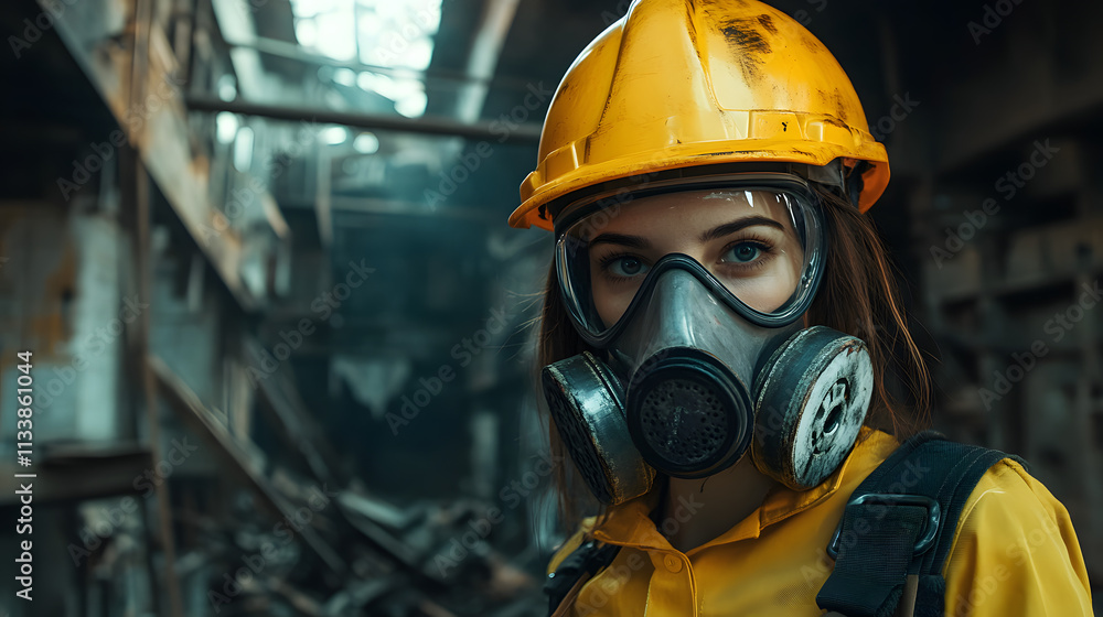 A woman adorned in a vibrant yellow helmet and protective gas mask stands confidently in a hazardous work environment. Her sturdy attire hints at the dangerous nature of her surroundings. A woman adorned in a vibrant yellow helmet and protective gas mask stands confidently in a hazardous work environment. Her sturdy attire hints at the dangerous nature of her surroundings.