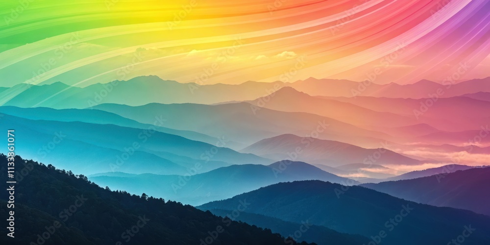 Serene Vista Layers of Mountains Bathed in a Rainbow Hues Sunrise Serene Vista Layers of Mountains Bathed in a Rainbow Hues Sunrise