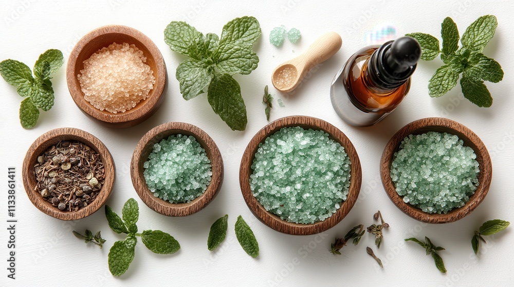 A serene arrangement of herbal bath salts, mint leaves, and essential oil for relaxation. A serene arrangement of herbal bath salts, mint leaves, and essential oil for relaxation.