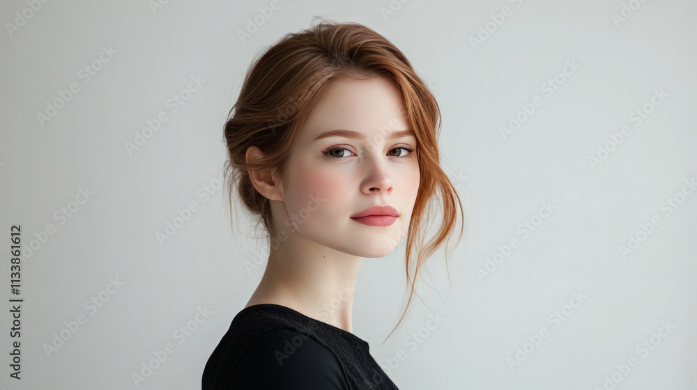 Elegant portrait of a woman in minimalist studio beauty photography soft lighting side profile serene mood Elegant portrait of a woman in minimalist studio beauty photography soft lighting side profile serene mood