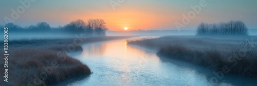 Misty sunrise over a calm river, fog covering the landscape. photo