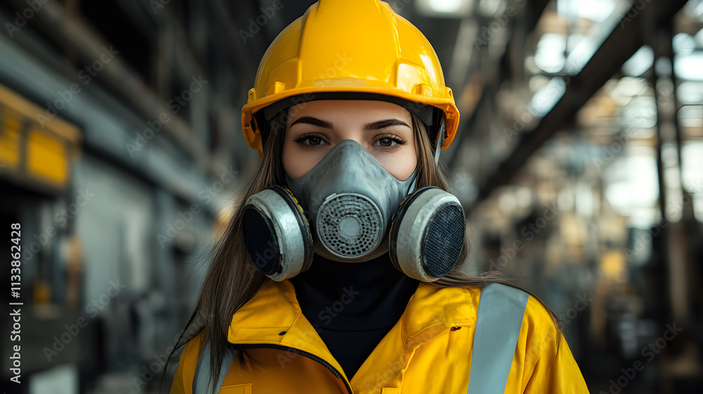 A woman adorned in a vibrant yellow helmet and protective gas mask stands confidently in a hazardous work environment. Her sturdy attire hints at the dangerous nature of her surroundings. A woman adorned in a vibrant yellow helmet and protective gas mask stands confidently in a hazardous work environment. Her sturdy attire hints at the dangerous nature of her surroundings.