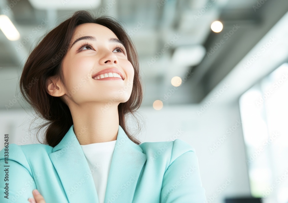 Smiling Woman in Light Blue Blazer Looking Upward with Hope Smiling Woman in Light Blue Blazer Looking Upward with Hope
