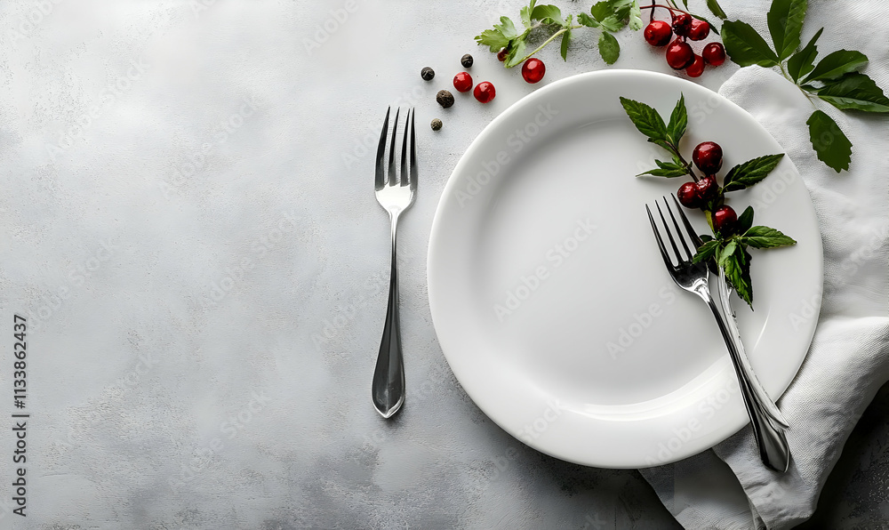 A minimalist dining setup featuring a white plate, silver forks, and fresh herbs. A minimalist dining setup featuring a white plate, silver forks, and fresh herbs.