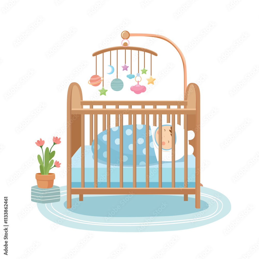 Obraz premium Baby crib with newborn baby sleeping inside. Wooden crib clipart with hanging mobile. Baby bedding flat vector in cartoon style isolated on white background.
