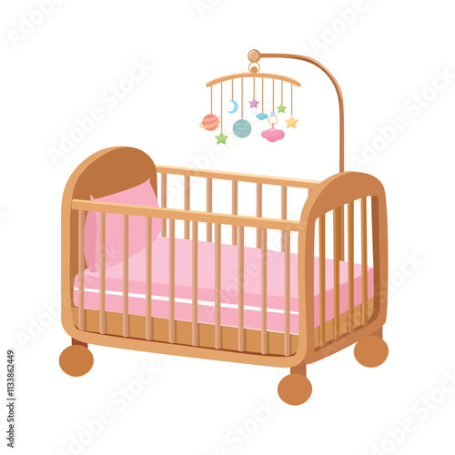 Baby crib vector. Wooden crib clipart with hanging mobile. Baby bedding flat vector in cartoon style isolated on white background.