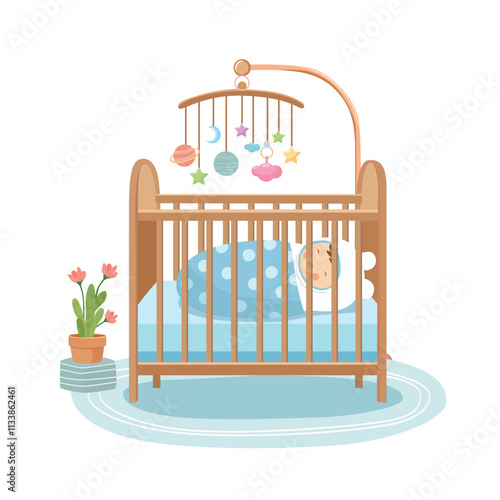 Baby crib with newborn baby sleeping inside. Wooden crib clipart with hanging mobile. Baby bedding flat vector in cartoon style isolated on white background.