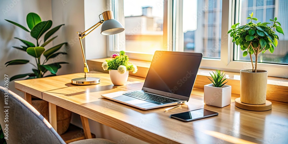 Fototapeta premium Modern, elegant workspace: clean lines, organized desk, stylish accessories for efficient and professional work-from-home setup.