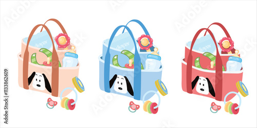 Diaper bag vector. Mom accessories set, nursery, daily mother bag to go outside. Mommy nappy bag. Baby element. baby shower clipart. Flat vector  in cartoon style isolated on white background.