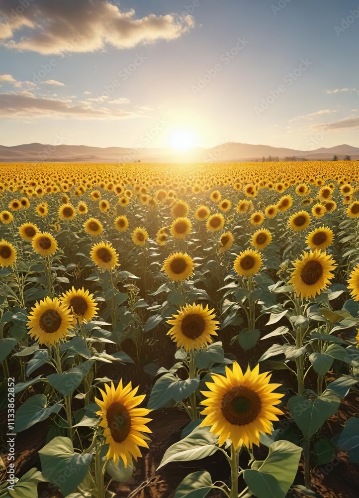 Fototapeta premium Sunny field of sunflowers swaying in the breeze, bloom, wheat