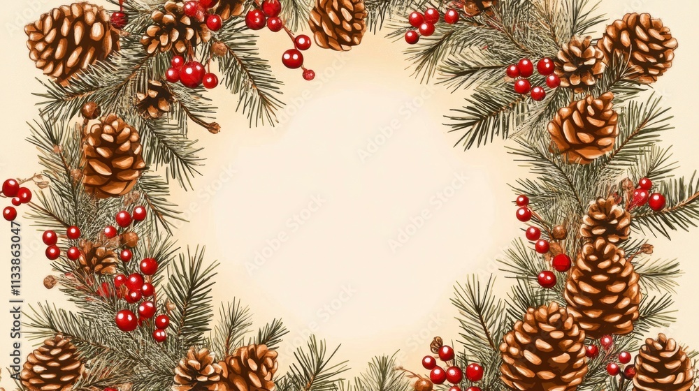 Festive Christmas Wreath Border with Pine Cones and Berries - Copy Space Festive Christmas Wreath Border with Pine Cones and Berries - Copy Space