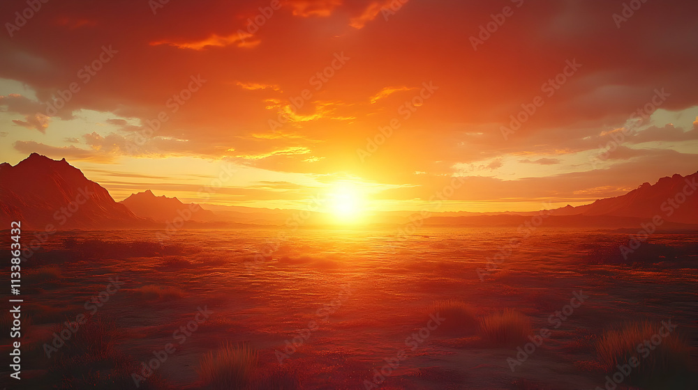 A vibrant sunset illuminating a tranquil landscape with mountains in the background. A vibrant sunset illuminating a tranquil landscape with mountains in the background.