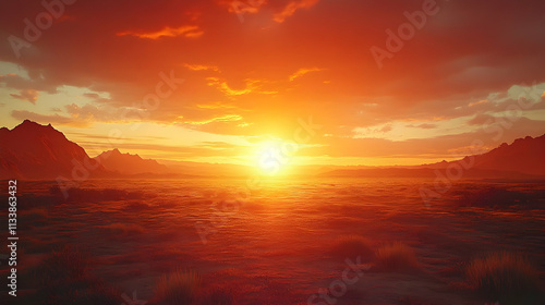 A vibrant sunset illuminating a tranquil landscape with mountains in the background.