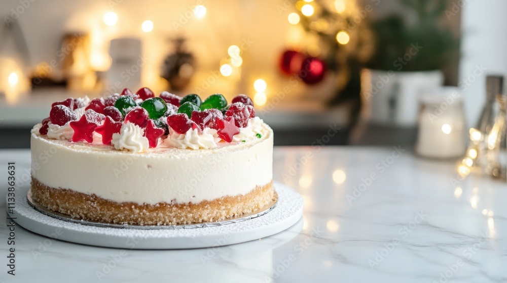 Festive Christmas Cheesecake on Marble Table Festive Christmas Cheesecake on Marble Table