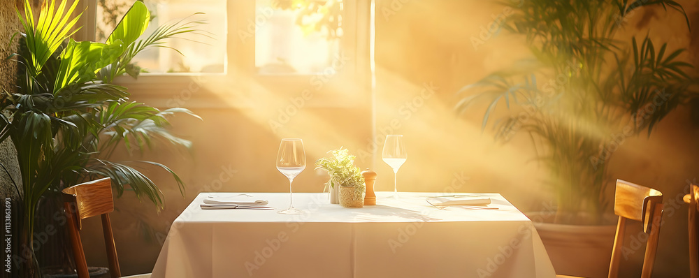A sunlit dining table set for two, surrounded by plants, creating a cozy atmosphere. A sunlit dining table set for two, surrounded by plants, creating a cozy atmosphere.