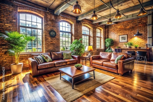 Open-plan living, vintage style: brick, wood, and rich leather furniture create a cozy haven.