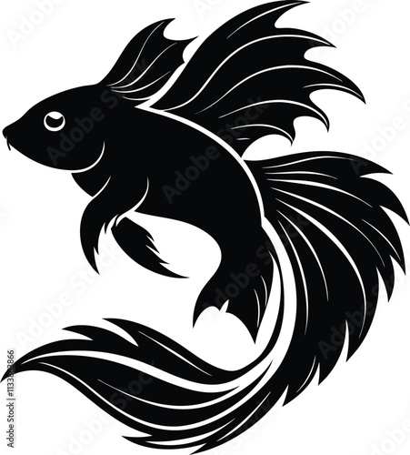 Black Betta Fish Vector Illustration: Ornamental Siamese Fighting Fish Graphic Design for Tattoo, Logo, or Print Design