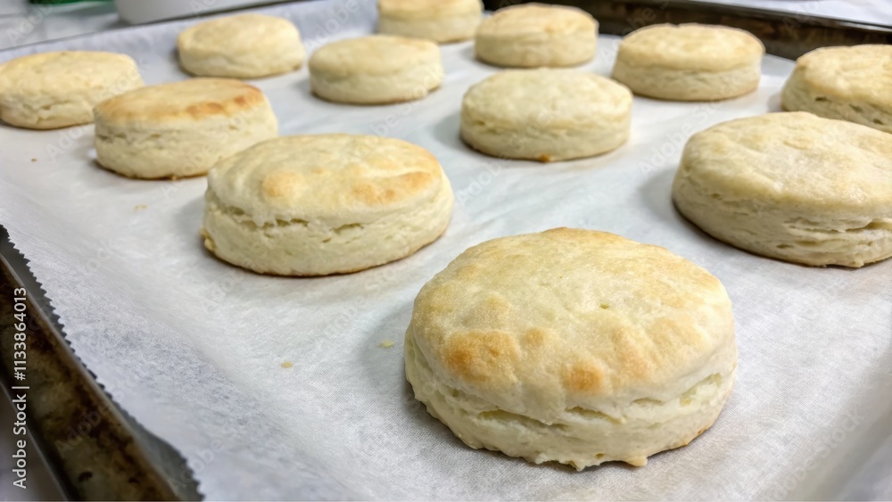 A Dozen Golden-Brown Buttery Biscuits Ready to Serve on a Baking Sheet A Dozen Golden-Brown Buttery Biscuits Ready to Serve on a Baking Sheet