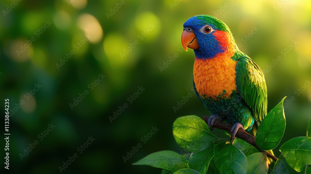 Vibrant Parrot Perched on Green Leaves in Lush Natural Setting Vibrant Parrot Perched on Green Leaves in Lush Natural Setting