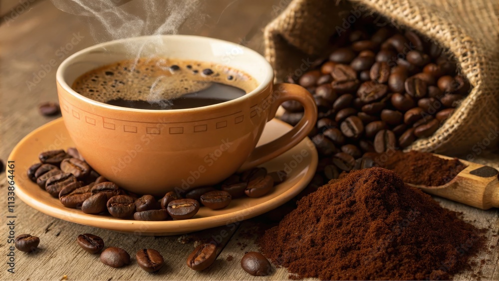 Aromatic Brew Steaming Cup of Coffee with Roasted Beans and Ground Coffee Aromatic Brew Steaming Cup of Coffee with Roasted Beans and Ground Coffee