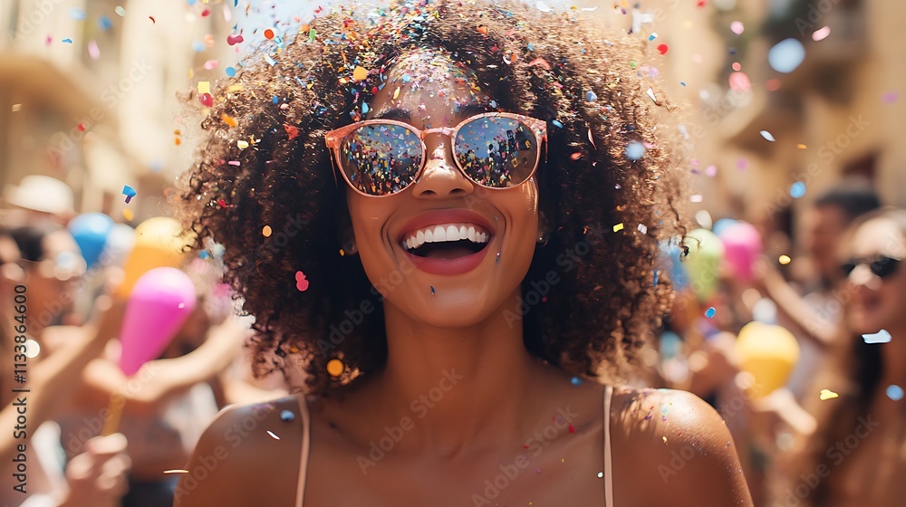 Happy Woman Celebrates Amidst Falling Confetti Happy Woman Celebrates Amidst Falling Confetti