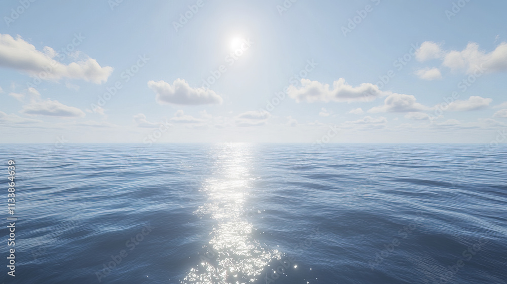 Vast ocean horizon with gentle waves and sunlight glistening on water Vast ocean horizon with gentle waves and sunlight glistening on water