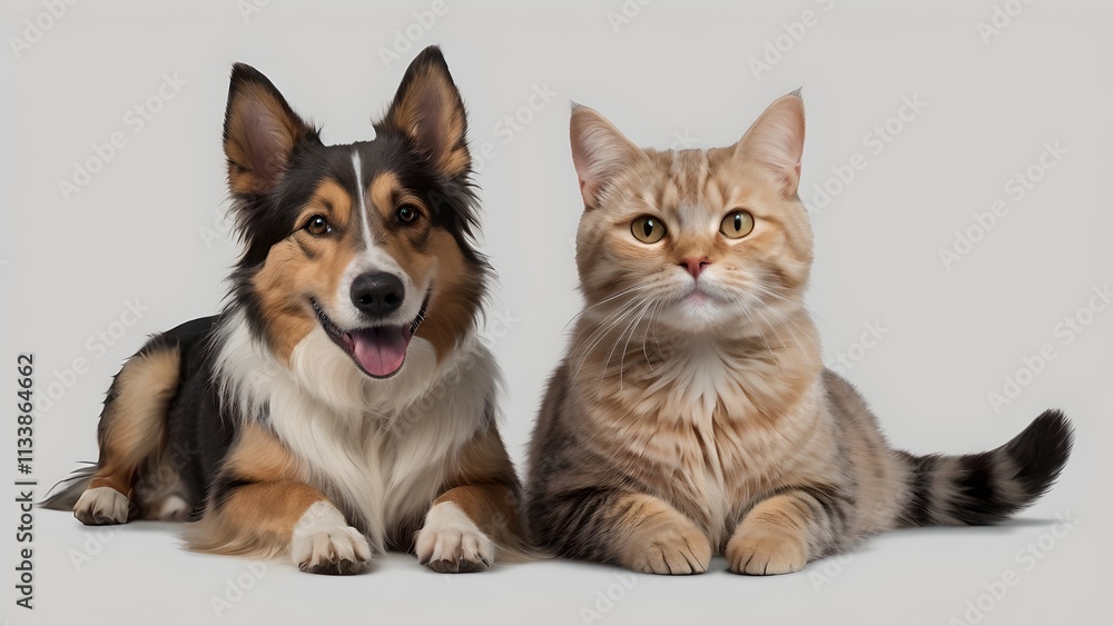 Happy Dog and Cat Posing Together on Gray Background Happy Dog and Cat Posing Together on Gray Background
