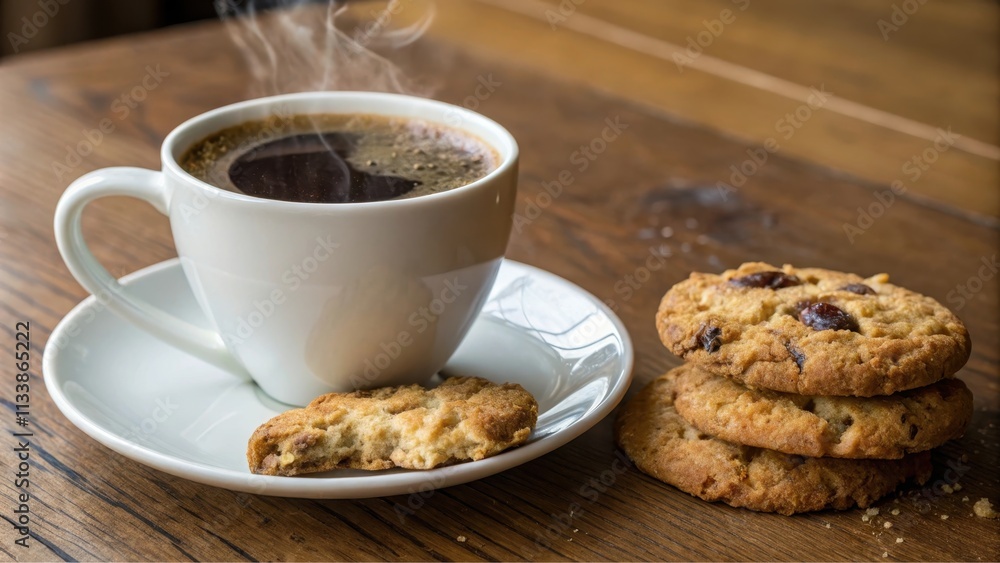 A steaming cup of coffee with a saucer and three delicious oatmeal raisin cookies on a wooden table A steaming cup of coffee with a saucer and three delicious oatmeal raisin cookies on a wooden table