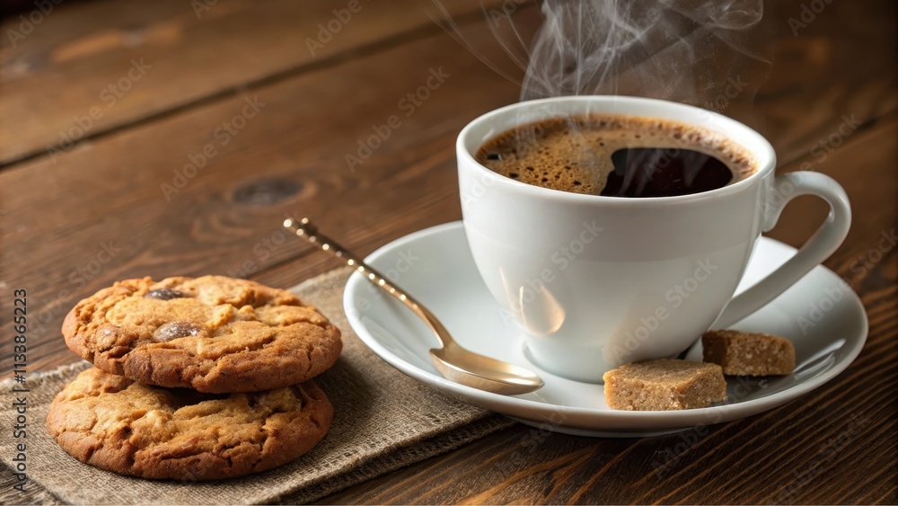 Aromatic coffee steaming in a white cup, accompanied by two freshly baked cookies and sugar cubes on a rustic wooden table Aromatic coffee steaming in a white cup, accompanied by two freshly baked cookies and sugar cubes on a rustic wooden table