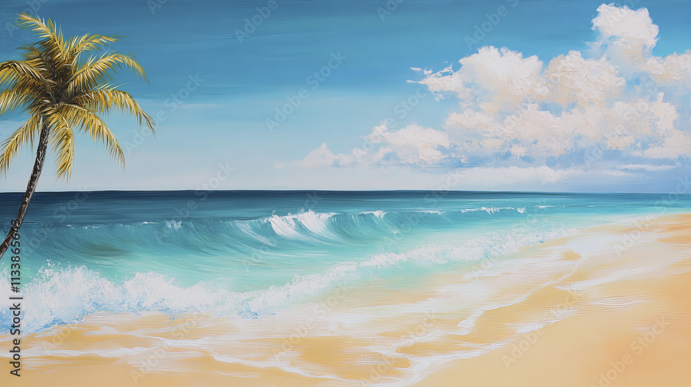 Pristine beach with golden sand and turquoise waves under bright sky Pristine beach with golden sand and turquoise waves under bright sky