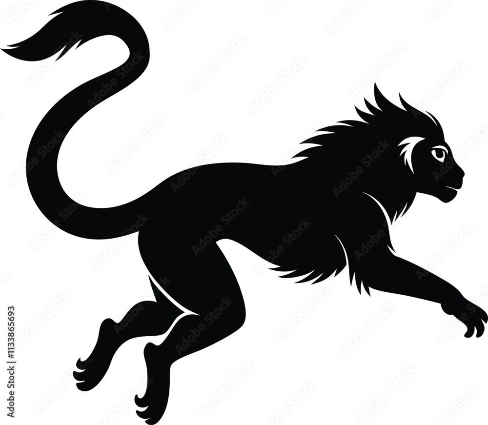 Fototapeta premium Black Silhouette of Mythical Leaping Manticore Creature Vector Illustration: Heraldic Beast with Lion Body, Spiked Tail, and Human Face