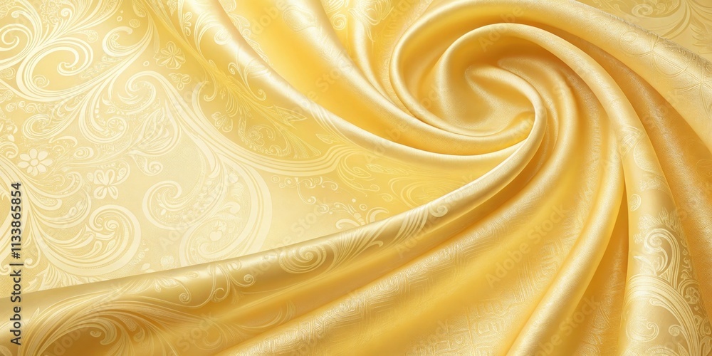 Luxurious Golden Silk Fabric with Intricate Floral Pattern Swirling in Elegant Drapes Luxurious Golden Silk Fabric with Intricate Floral Pattern Swirling in Elegant Drapes