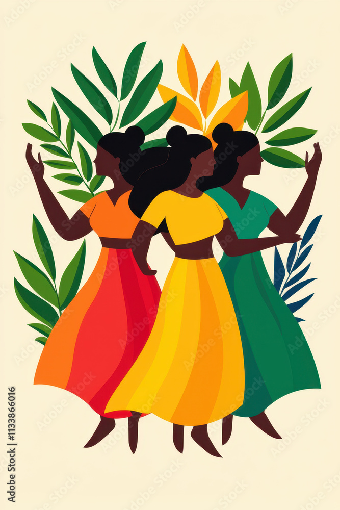 A vibrant illustration of three women in colorful dresses, surrounded by lush green leaves, celebrating culture and unity. A vibrant illustration of three women in colorful dresses, surrounded by lush green leaves, celebrating culture and unity.