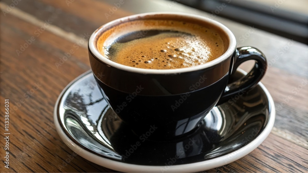 Fototapeta premium Aromatic dark brew in a sleek cup, resting on a polished saucer, inviting a moment of quiet contemplation.