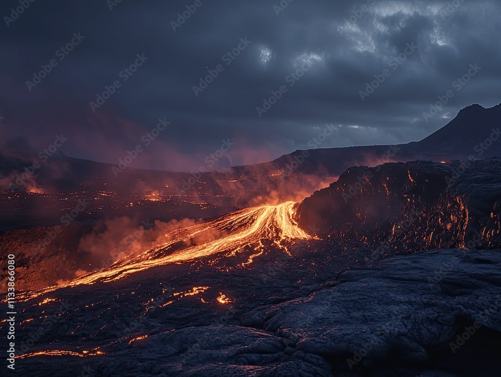 Fototapeta premium Glowing lava flows down dark volcanic landscape.