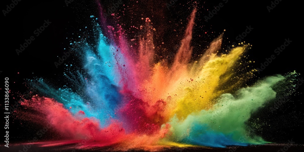 A vibrant explosion of multicolored powder against a stark black background, showcasing a dynamic and artistic display of color and movement. A vibrant explosion of multicolored powder against a stark black background, showcasing a dynamic and artistic display of color and movement.