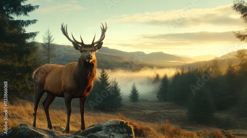 Majestic stag in misty scottish highlands nature photography serene morning landscape view wildlife concept