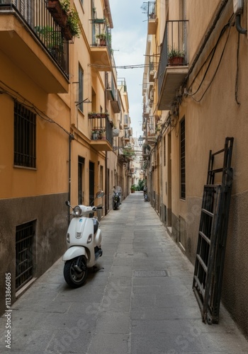 Quiet European Alleyway with Parked Scooter and Balconies photo