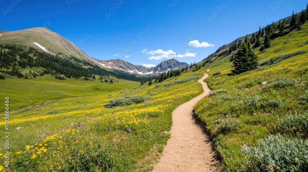 Nature trail exploration in scenic mountain valley outdoor adventure photography vibrant green landscape clear blue sky Nature trail exploration in scenic mountain valley outdoor adventure photography vibrant green landscape clear blue sky